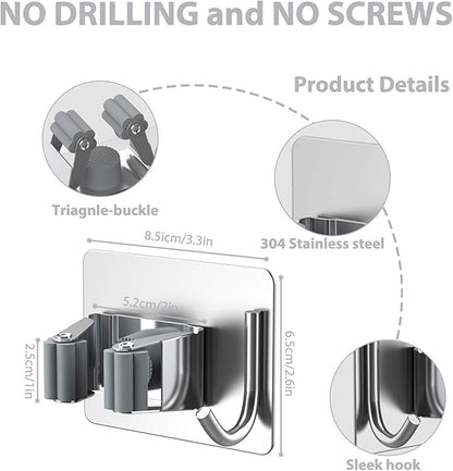 Mop Broom Holder No Drill, Mop Broom Organizer Wall Mounted Heavy Duty with Hooks Hanger, Self Adhesive Stainless Steel 4Pcs for Bathroom, Kitchen, Office (Silver)