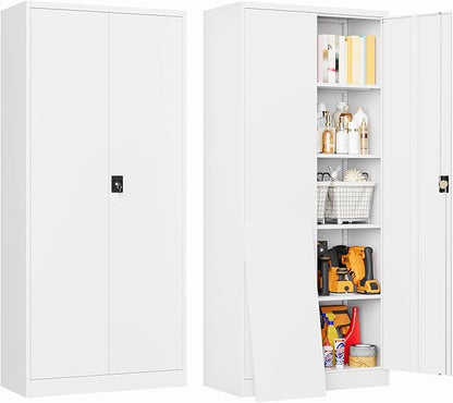Metal Cabinet,71" Lockable Storage Cabinet with 2 Doors and 5 Adjustable Shelves,Tall Steel Cabinets for Garage,Home Office,Basement,School,Hospital(White)