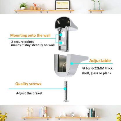 Adjustable Wood/Glass Shelf Bracket Wall Mount, Polished Chrome, 4 Pack