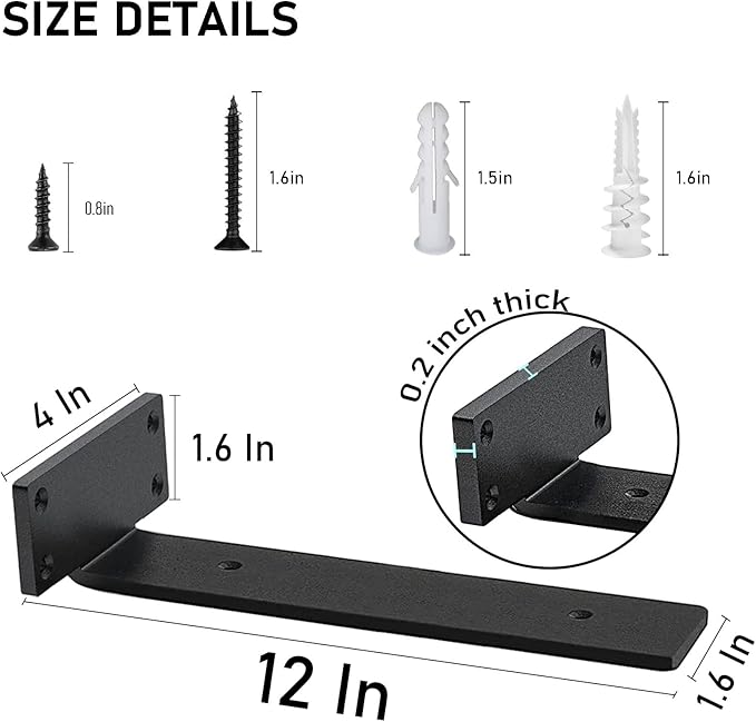 Shelf Brackets Heavy Duty, 5mm Thick Rustic Shelf Brackets for Custom Wood Shelves, 12 Inch Solid Steel Black Shelf Brackets with Hardware Needed (6Pcs)