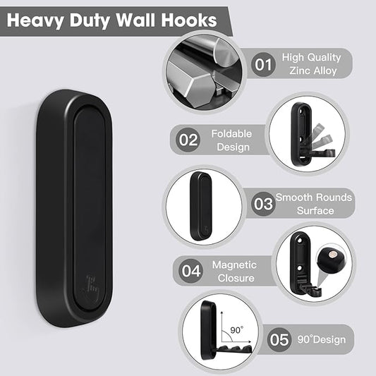 Folding Coat Hooks, 4 Pcs Foldable Black Wall Hooks Heavy Duty Foldable Hook Bathroom Towel Hooks Robe Hooks Wall Mounted for Hanging Coat Towels Clothes Hat Bags Keys
