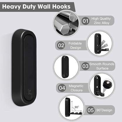 Folding Wall Hooks, 2 Pcs Foldable Black Coat Hooks Heavy Duty Foldable Hook Bathroom Towel Hooks Robe Hooks Wall Mounted for Hanging Coat Towels Clothes Hat Bags Keys