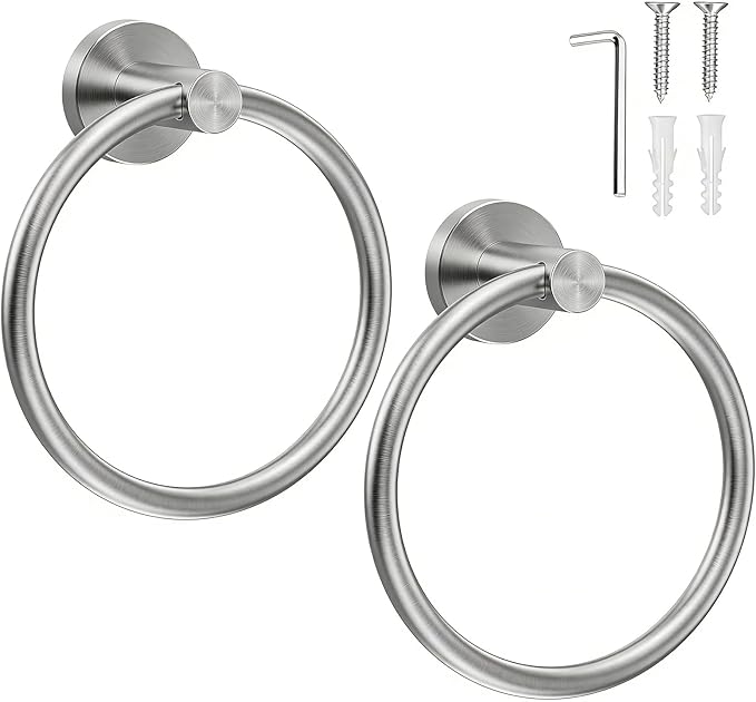 SetSail Towel Holder for Bathroom Wall Silver Towel Ring Stainless Steel Hand Towel Holder Heavy Duty Towel Hanger for Bath, Kitchen Drill Hole, 2 Pack