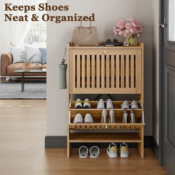 wanan 24" Shoe Cabinet with 2 Flip Slatted Drawers, Adjustable & Removable Panels, Narrow Shoe Cabinet Storage for Entryway, Hallway, Shoe Rack Organizer Cabinet, Light Oak