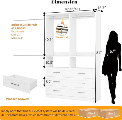 Closet System with Drawers, 4FT Closet Organizer System Wood Walk-in Closet Shelf Corner Small Closets Storage System with Hanging Rods Modular White (4FT)