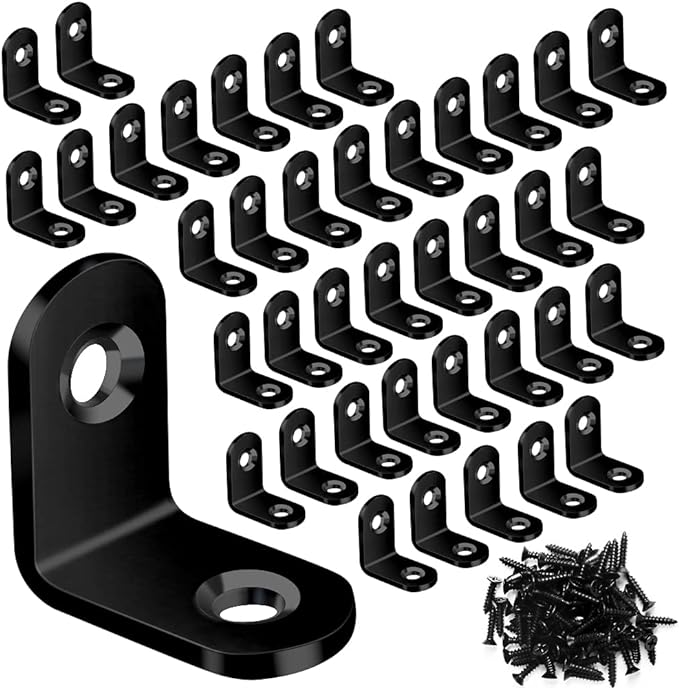 40PCS L Bracket, Metal Black Corner Brace, Stainless Steel Joint Right Angle Bracket Fastener for Wood Chair Bookshelf Furniture Cabinet with 80PCS Screws (20mmx20mm)
