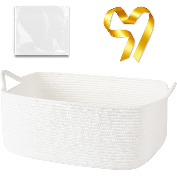 Large Empty Gift Baskets for Baby Shower, 18.9" L x 13.8" W x 7.8" H Cute Woven Storage Basket with Gift Bags and Ribbons, Small Rope Toy Basket with Handles, Cat Dog Pet Toy Organizer - White