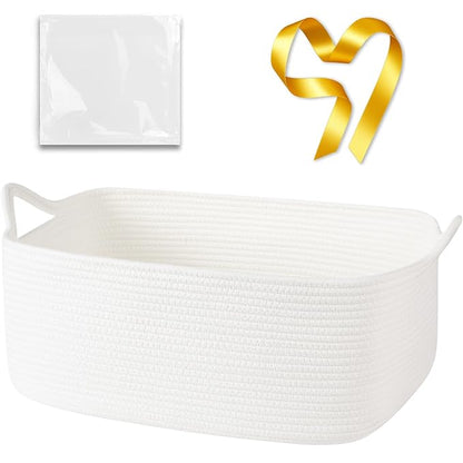 Large Empty Gift Baskets for Baby Shower, 18.9" L x 13.8" W x 7.8" H Cute Woven Storage Basket with Gift Bags and Ribbons, Small Rope Toy Basket with Handles, Cat Dog Pet Toy Organizer - White