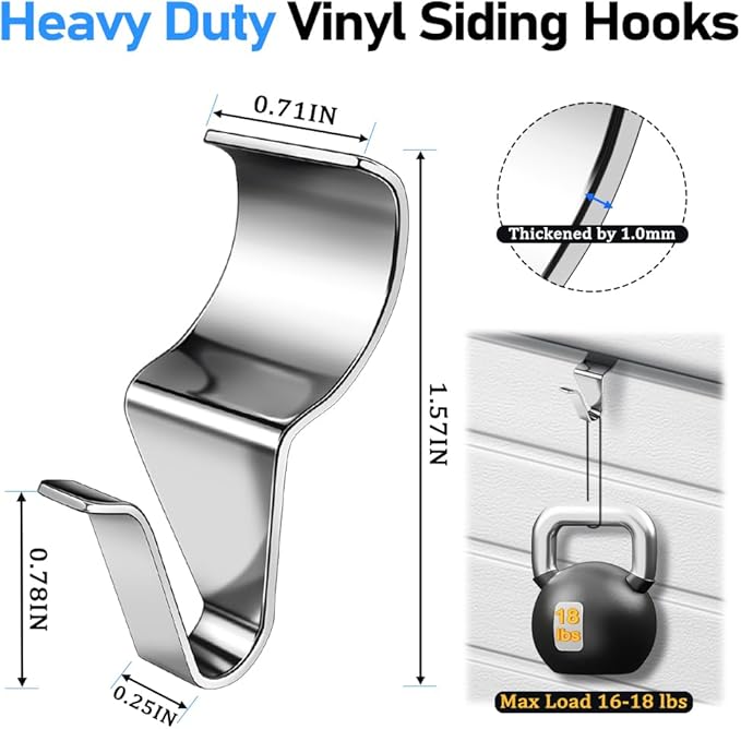 24PCS Vinyl Siding Hook, Thicken Stainless Steel Vinyl Siding Clips Hangers, Heavy-Duty No Drill Vinyl Hook for Outdoor Decor, Hanging on Patio, Christmas Wreath Hangers