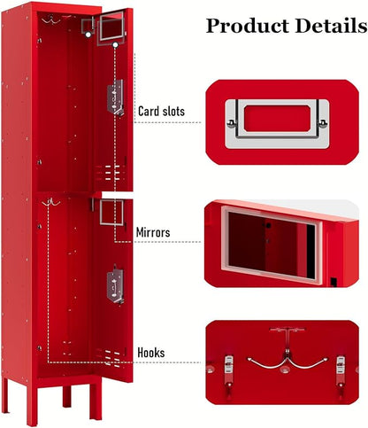 Metal Storage Locker with Lock & Card Slot Locker - Secure Lockable Door - Steel Locker for School, Office, Gym, Home - 66.15" H x 11.8" W x 11.8" D（2 Door, Red）