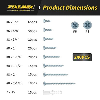 Wood Screws Assortment Kit, FIXLINK 240 PCS High Hardness Flat Head Wood Screws Set, Phillips Drive Assorted Screws, Contain 15PC Anchors and 8 Size (2-1/2”,2”,1-1/2”,1-1/4”,1”,3/4”,5/8”,1/2”), Zinc