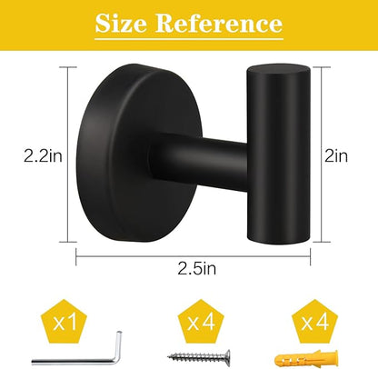 2 Pack Matte Black Towel Hooks, SUS304 Stainless Steel Bathroom Hooks for Bedroom Kitchen Hotel Office