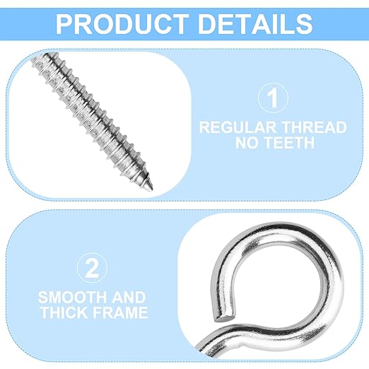 Aovchei Eye Screws, 4 Pcs 6 inches 304 Heavy Duty Stainless Steel Screw Hooks, Rust-Resistant Self Tapping Eyelet Bolts for Wood, Securing Cables Wires, Indoor & Outdoor for Hanging Artwork