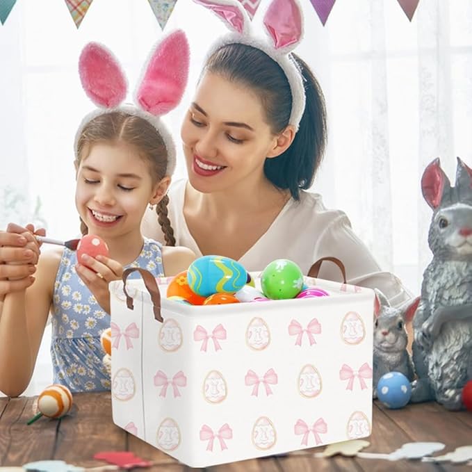FXOLCSHE Rectangular Easter basket,Nursery Hamper,Collapsible waterproof baby toy storage box for Kids,Toy Organizer,Home Decor,Easter basket(Pink bow egg)