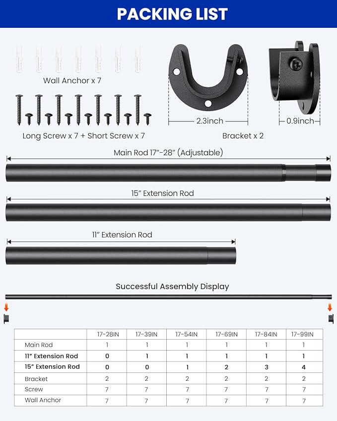 4 PACK Closet Rods for Hanging Clothes, 17 to 39 Inches Stepless Adjustable Metal Closet Rod, 1.3 Inches Heavy Duty Clothes Hanging Rod for Closet Wardrobes Laundry RV, Black