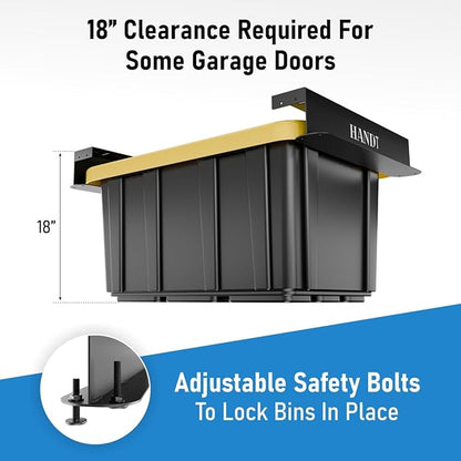USA Based Overhead Garage Storage Rack, Connectable Heavy Duty Metal Ceiling Rails Garage Storage Organization Shelving System, Hanging Racks Tote Containers, Supports Up To 1 Bin, 1 Set Black