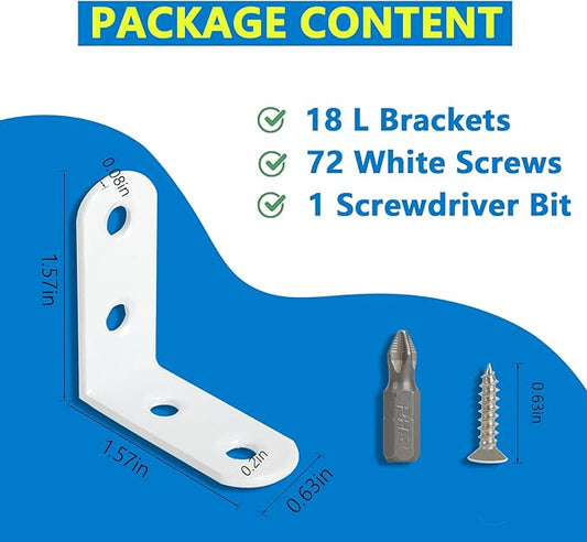 18Pcs White L Bracket & 72 Pcs Screws, 1.57x1.57 Inch Corner Brace, Small Right Angle Bracket, Shelf Bracket, Corner Fastener for Wood Furniture Bedframe Cabinet Drawer Chair