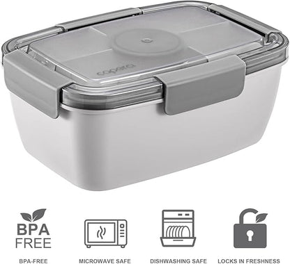 Caperci Large Salad Container for Lunch - Better Adult Bento Lunch Box 68 oz, 5-Compartment Tray, 2pcs 3-oz Sauce Cups, Stackable, BPA-Free (Gray)