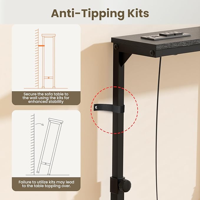 Aduanbang Adjustable Height Narrow Console Table with 2 Power Outlets, 78.8" Long x 5.9" Wide, Slim Behind Sofa Table, Black – Ideal for Living Room, Entryway, or Hallway
