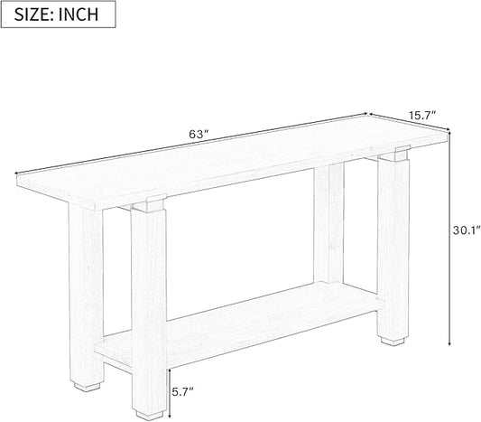 62.9" Modern Minimalist Console Table, Solid Wood Entryway Sofa Table with Metal Accents, 2-Tier with Open Shelf and Built-in Shelf for Living Room, Hallway (Gray-J22)