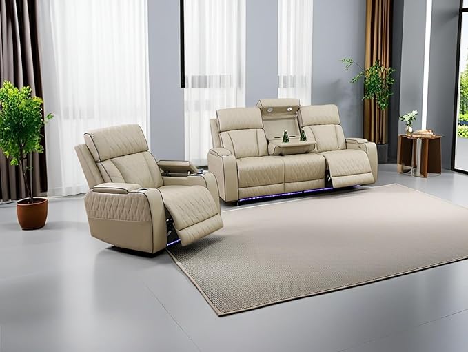 Power Reclining Sofa Set, Beige Breathing Leather Sectional, Living Room Furniture Sets 2PCS Power Recliner Sofa and Chair with Cup Holder/LED Light/USB Port for Living Room, Apartment, Office