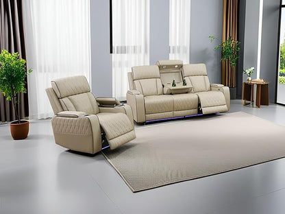 Power Reclining Sofa Set, Beige Breathing Leather Sectional, Living Room Furniture Sets 2PCS Power Recliner Sofa and Chair with Cup Holder/LED Light/USB Port for Living Room, Apartment, Office