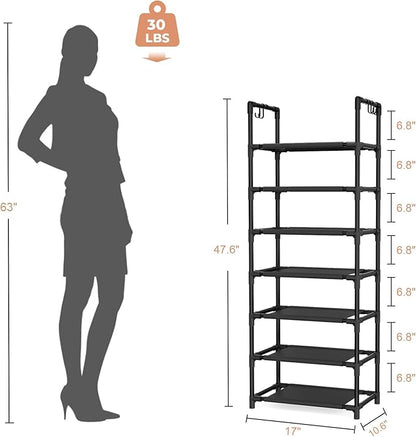 7 Tiers Shoe Rack 18-20 Pairs Boots Organizer Storage Sturdy Narrow Shoe Shelf for Entryway, Closets with Hooks, Black