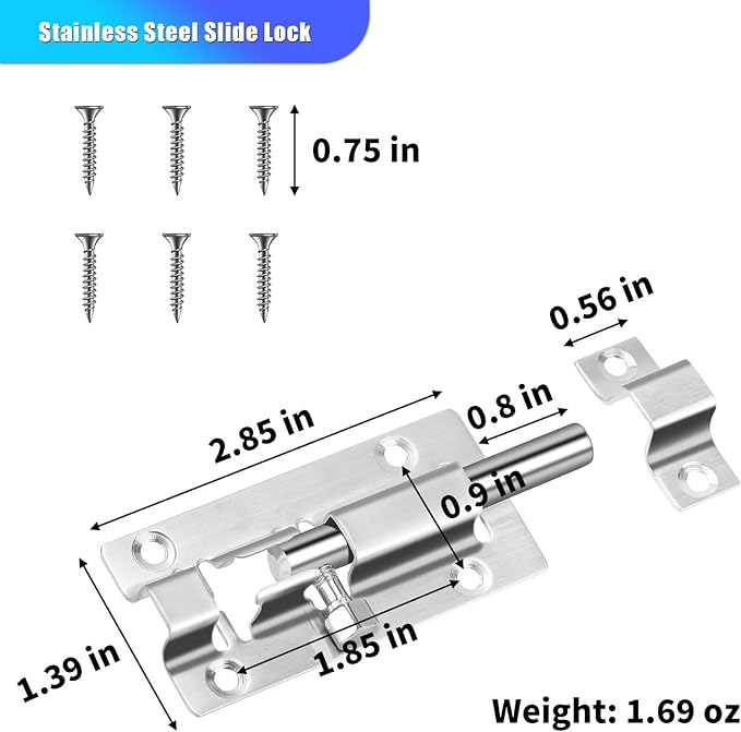 2 Pack Slide Lock, 3 Inch Barrel Bolt Latch, Door Latch Lock with 12 Screws, Stainless Steel Slide Locks for Inside Door
