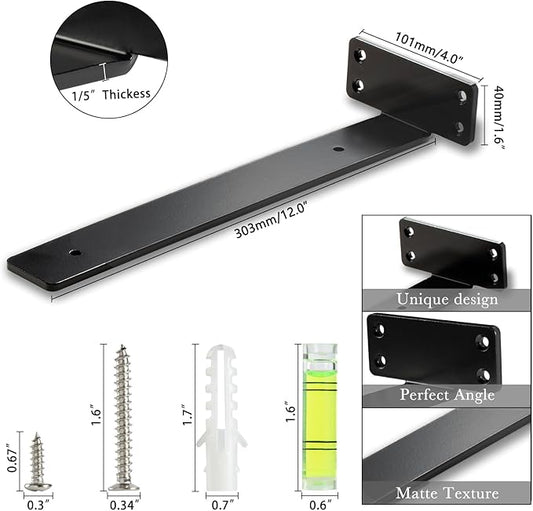 HEART ART Floating Shelf Bracket 12 Inch,4 Pack Heavy Duty Shelf Brackets,L Brackets for Shelves Black,12”L x 1.6”H x1.6”W