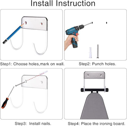 Ironing Board Hanger Wall Mount, Ironing Board Holder for Y or T Shaped,Stainless Steel Wall Hook Iron Board Holder for Laundry Rooms with 2 Hooks (White)