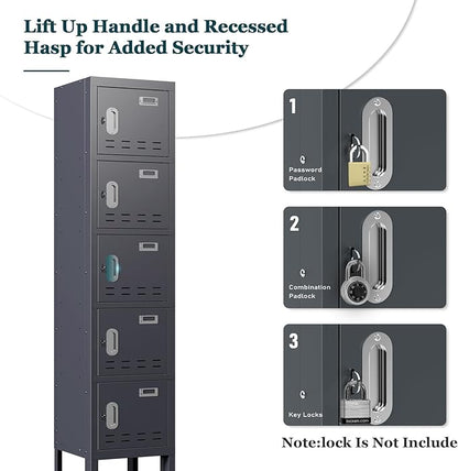 Metal Storage Locker with Lock & Card Slot Locker - Secure Lockable Door - Steel Locker for School, Office, Gym, Home - 66.15" H x 11.8" W x 11.8" D（5 Door, Grey）