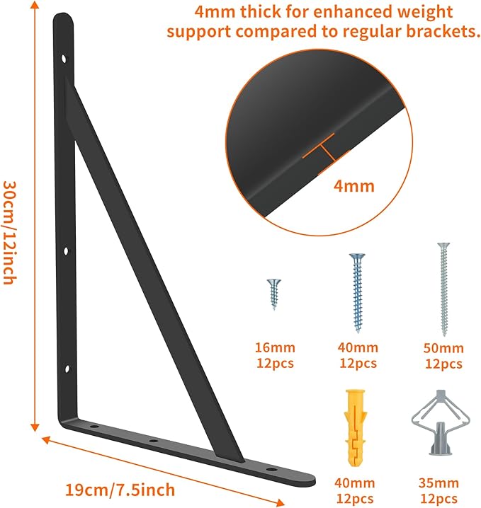 Heavy Duty Shelf Brackets 12 x 8 inch, 6 Pack Wall Shelf Brackets with 90 Degree Triangle, Black Metal L Brackets, Shelves L Brackets(300x190mm)
