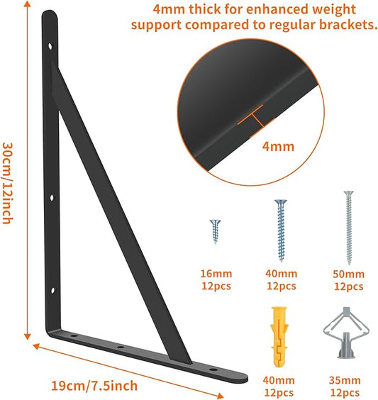 Heavy Duty Shelf Brackets 12 x 8 inch, 6 Pack Wall Shelf Brackets with 90 Degree Triangle, Black Metal L Brackets, Shelves L Brackets(300x190mm)