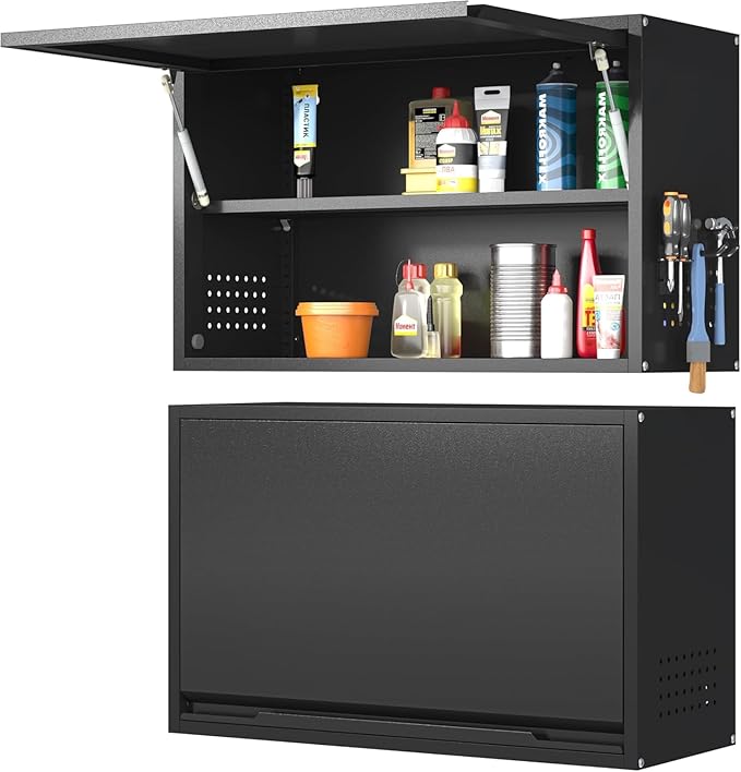 Garage Wall Cabinet, Floating Metal Wall Cabinet with Up-Flip Door and Shelves,19.7''H Hanging Wall Mounted Storage Cabinet for Garage, Warehouse, Workshop, RV
