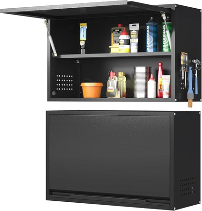Garage Wall Cabinet, Floating Metal Wall Cabinet with Up-Flip Door and Shelves,19.7''H Hanging Wall Mounted Storage Cabinet for Garage, Warehouse, Workshop, RV