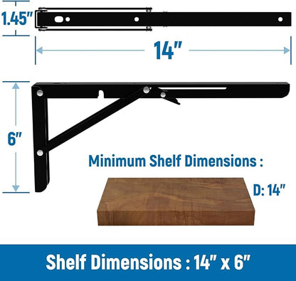 LEOPO 14 inch Folding Shelf Brackets, Heavy Duty Wall Mounted Shelf Bracket, 2 Pack, Black