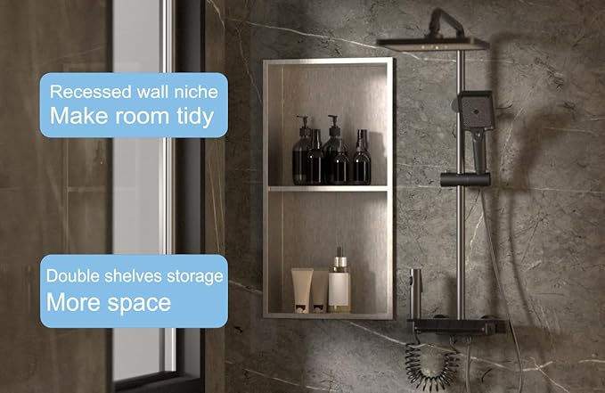 Stainless Steel no Tile Needed Metal Niche,Double Shelves，Stainless Steel Finished Shower Insert Wall Niche(Brush, 24 * 12 in)