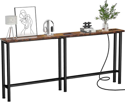 78" Narrow Console Sofa Table with Power Outlets & 2 USB Ports, Metal Frame, Rustic Brown, Perfect for Hallway, Office, and Behind Sofa - Easy Assembly, 4.9' Extension Cord Included