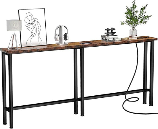 78" Narrow Console Sofa Table with Power Outlets & 2 USB Ports, Metal Frame, Rustic Brown, Perfect for Hallway, Office, and Behind Sofa - Easy Assembly, 4.9' Extension Cord Included