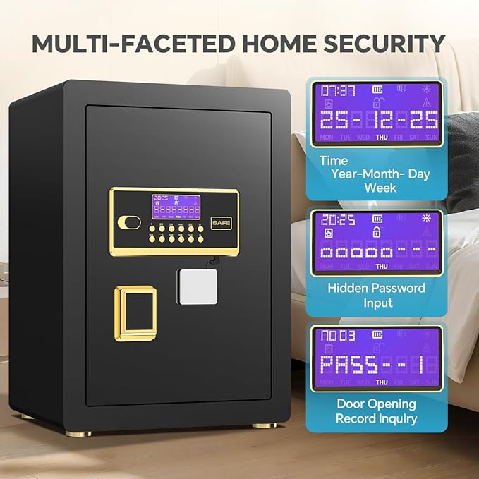 Anti-Theft Digital Safe Box with Fireproof Waterproof Bag, LED Light & Alarm System - Security Safe with Adjustable Shelf for Jewelry, Cash - for Home, Office, Hotel(0.8/1.0/1.3/1.53/2.5Cuft)