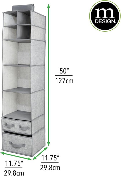 mDesign Fabric Hanging Organizer - Over Closet Rod Storage - 7 Shelves/3 Removable Drawers for Baby Nursery Bedroom Organization - Hold Clothes, Linens, Toys, Accessories - Lido Collection - Gray