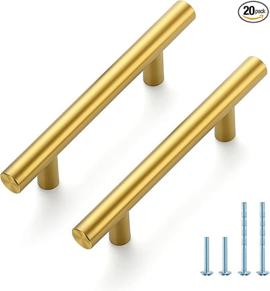 JOY DECOR 20 Pack 5 Inch Cabinet Pulls Kitchen Cabinet Handles with 3 Inch Hole Center Brushed Brass Cabinet Hardware Stainless Steel Kitchen Drawer Pulls for Cabinets Cupboard, 76mm Hole Centers