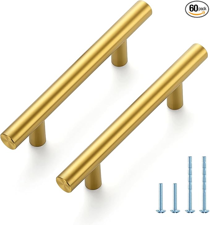 JOY DECOR 60 Pack 5 Inch Cabinet Pulls Kitchen Cabinet Handles with 3 Inch Hole Center Brushed Brass Cabinet Hardware Stainless Steel Kitchen Drawer Pulls for Cabinets Cupboard, 76mm Hole Centers