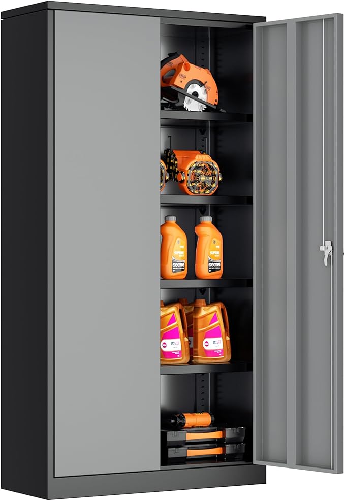 Bonusall Mental Garage Cabinets with 2 Doors and 4 Shelves, Locking Cabinet with for Tool，Steel Garage Storage Cabinets for Home Office, Warehouse，School(Black Grey)