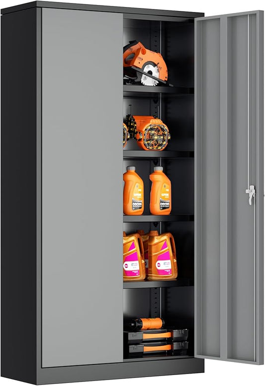 Bonusall Mental Garage Cabinets with 2 Doors and 4 Shelves, Locking Cabinet with for Tool，Steel Garage Storage Cabinets for Home Office, Warehouse，School(Black Grey)