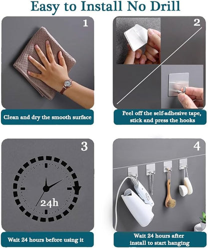 Adhesive Towel Hooks, 8 Pack Self Adhesive Coat Sticky Hooks for Hanging, Stainless Steel Stick on Wall Hat Hook, Bathrooms Kitchen Livingroom Garage, Silver