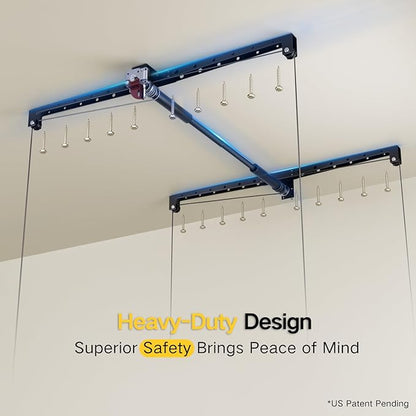 Overhead Garage Storage Rack for 10-12 ft Ceiling, Heavy-duty 4x4 FT Garage Ceiling Storage Racks with Safety Lock, Ideal for Storage Mounted Lift System and Storage Organizer, 250lbs Capacity