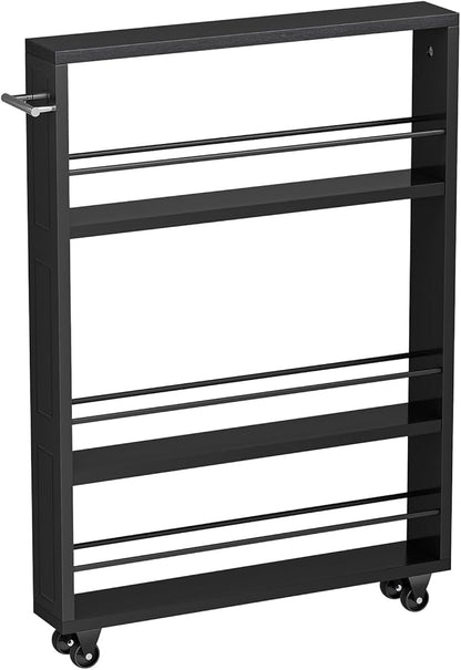 KLM Rolling Storage Cart 4-Tier Black Kitchen Cart with Wheels, Slim Storage Cart with Handle Slide Out Utility Cart Shelving Unit Organizer Trolley for Laundry Narrow Places Bathroom Small Corner