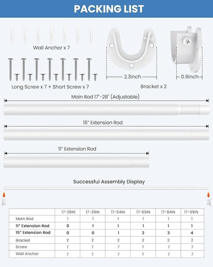 2 PACK Closet Rods for Hanging Clothes, 17 to 69 Inches Stepless Adjustable Metal Closet Rod, 1.3 Inches Heavy Duty Clothes Hanging Rod for Closet Wardrobes Laundry RV, White