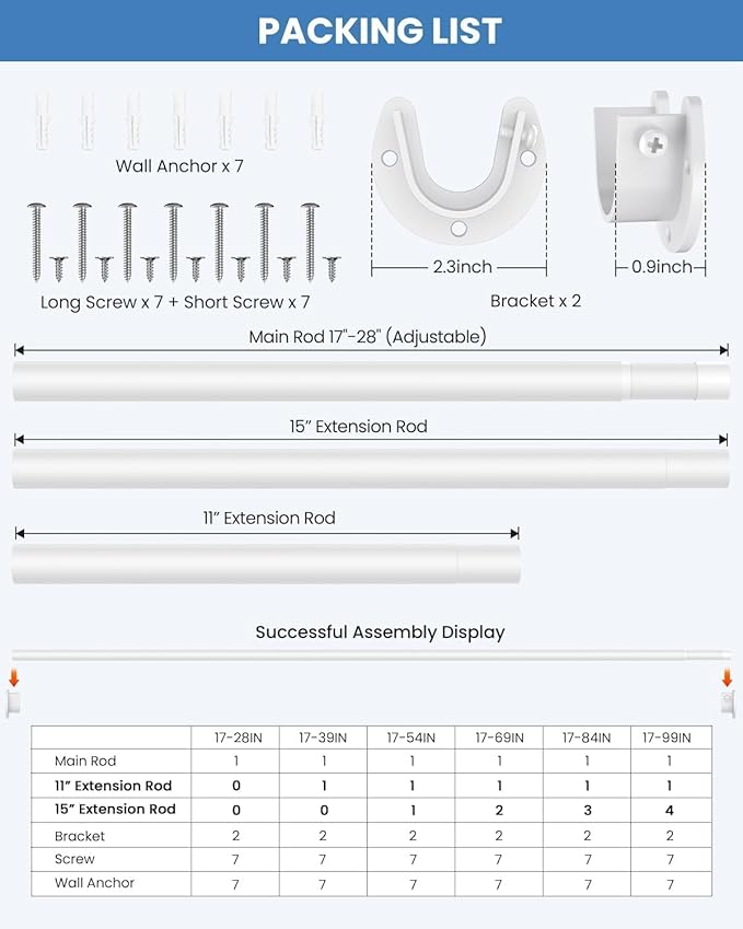 3 PACK Closet Rods for Hanging Clothes, 17 to 69 Inches Stepless Adjustable Metal Closet Rod, 1.3 Inches Heavy Duty Clothes Hanging Rod for Closet Wardrobes Laundry RV, White